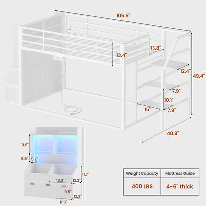 ADORNEVE Bunk Bed Twin Size with Staircase and Bookshelf Drawers Metal Floor Bunk Bed with Safe Wide Stairs and 2 Toy Organizer LED Bunk Bed with Charging Station and Safety Guardrail