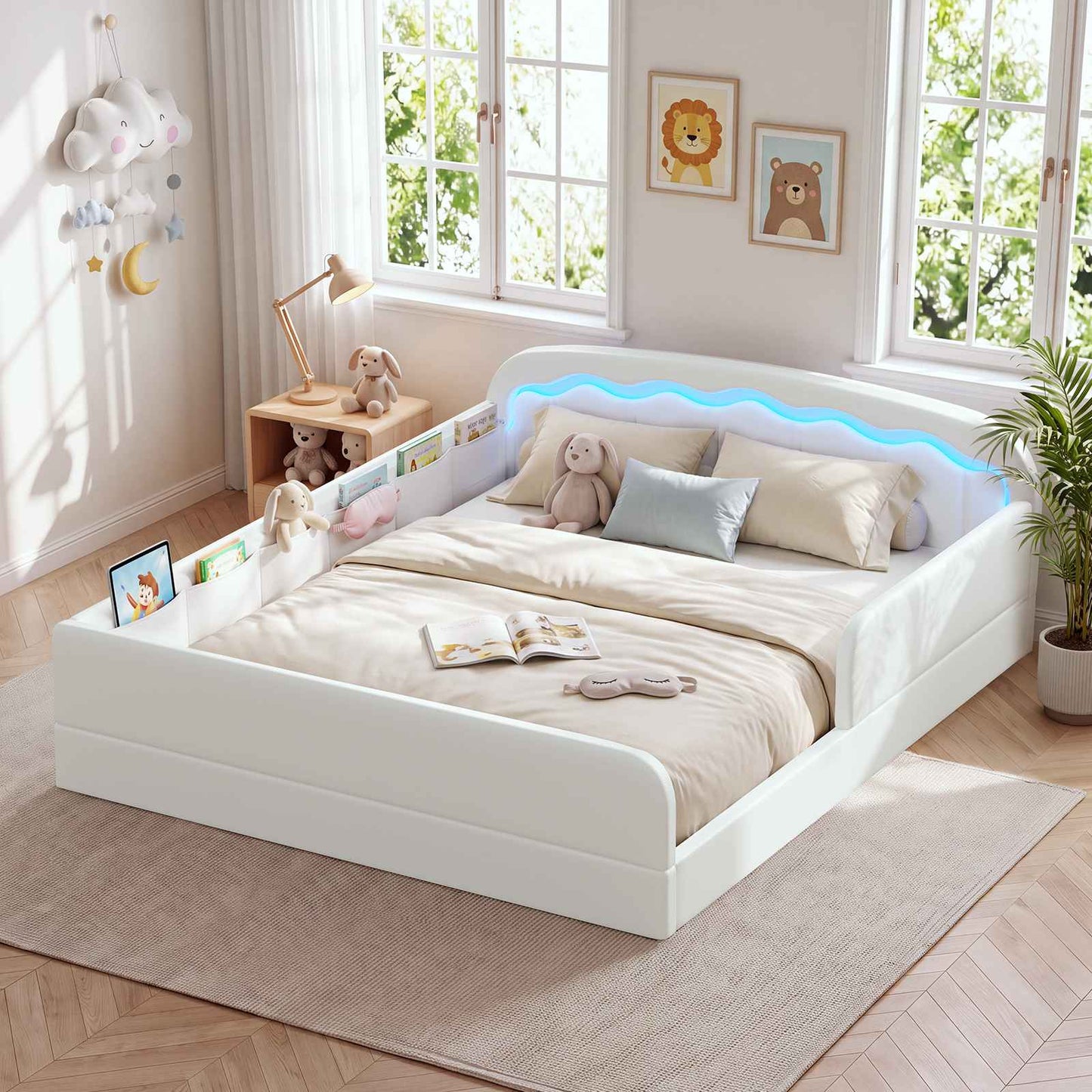 ADORNEVE Montessori Full Toddler Bed with Removable Guardrails Low Upholstered Bed with 6 Side Storage and Curved Round Frame Soft PU Leather