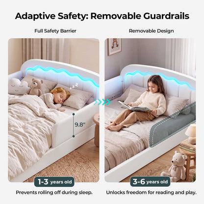 ADORNEVE Montessori Full Toddler Bed with Removable Guardrails Low Upholstered Bed with 6 Side Storage and Curved Round Frame Soft PU Leather