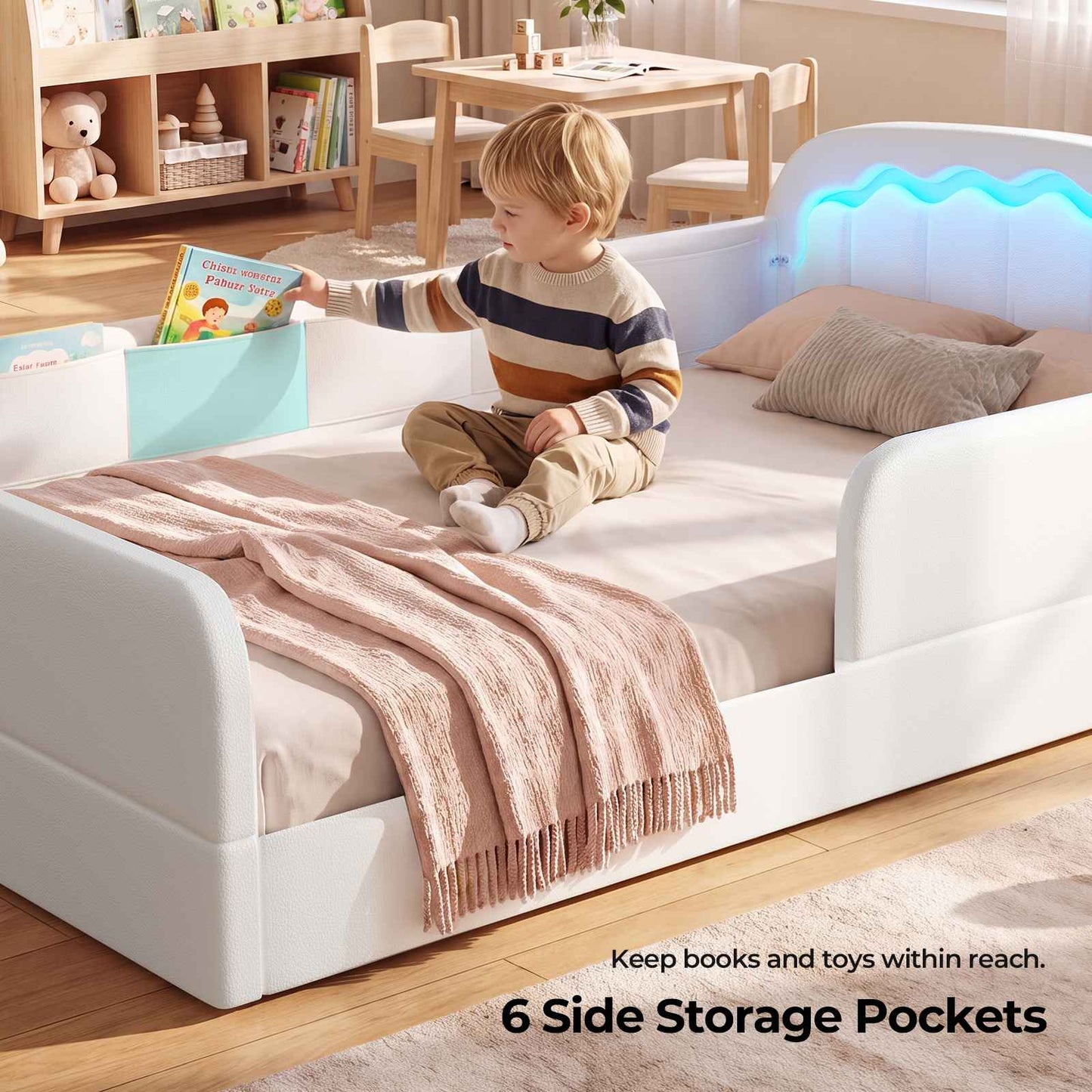 ADORNEVE Montessori Full Toddler Bed with Removable Guardrails Low Upholstered Bed with 6 Side Storage and Curved Round Frame Soft PU Leather