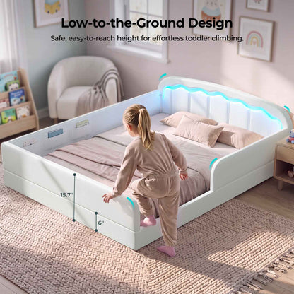 ADORNEVE Montessori Full Toddler Bed with Removable Guardrails Low Upholstered Bed with 6 Side Storage and Curved Round Frame Soft PU Leather