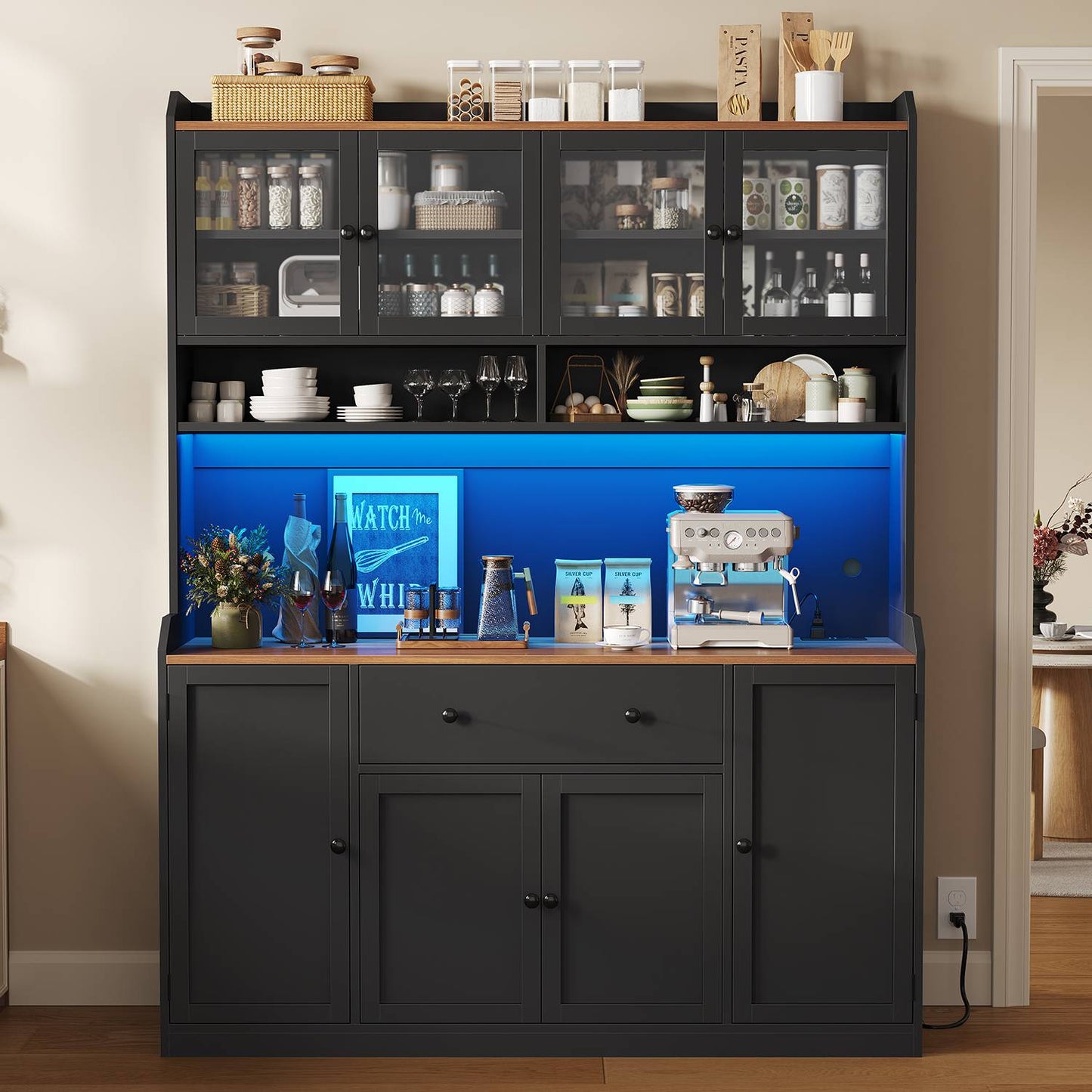 ADORNEVE 55" W Kitchen Pantry Storage Cabinet with LED Light and Power Outlet Coffee Bar Cabinet with Doors Drawer and Shelves