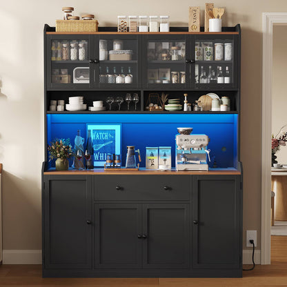 ADORNEVE 55" W Kitchen Pantry Storage Cabinet with LED Light and Power Outlet Coffee Bar Cabinet with Doors Drawer and Shelves
