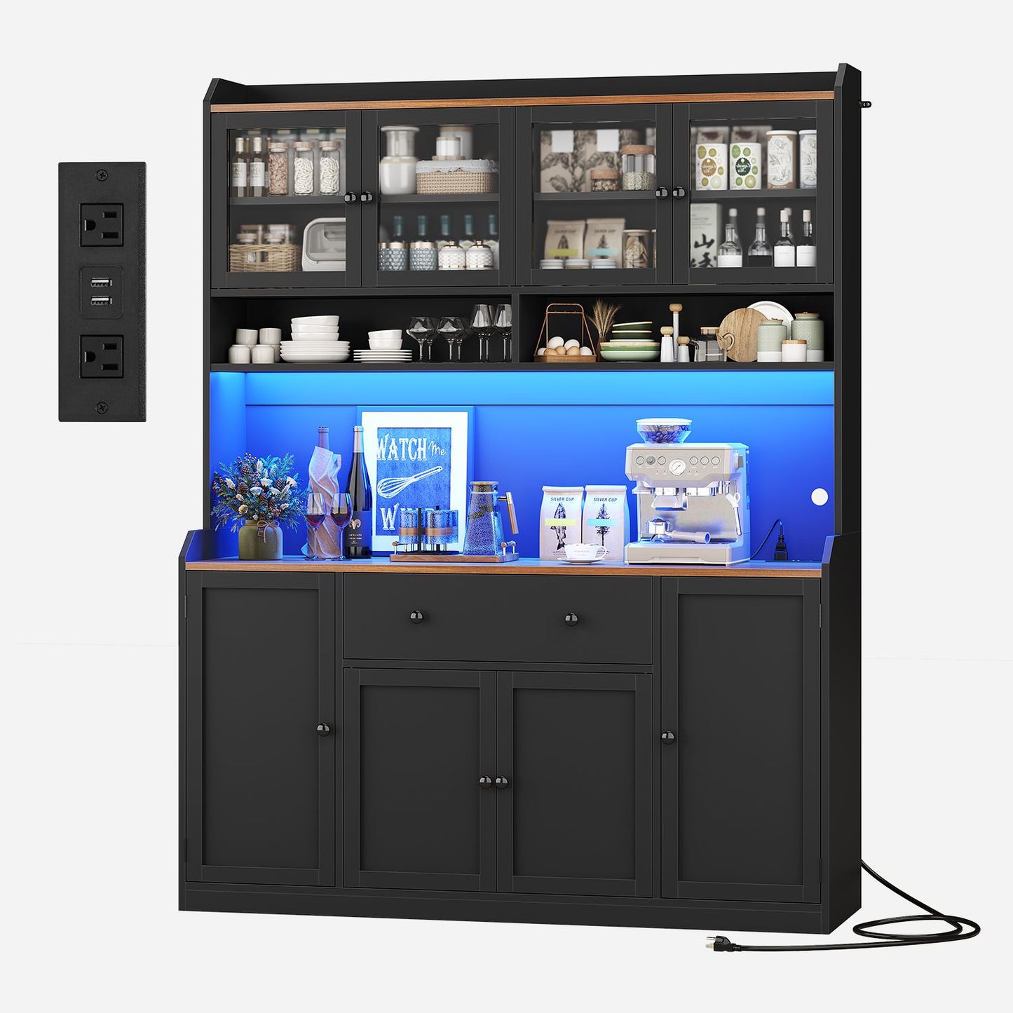 ADORNEVE 55" W Kitchen Pantry Storage Cabinet with LED Light and Power Outlet Coffee Bar Cabinet with Doors Drawer and Shelves