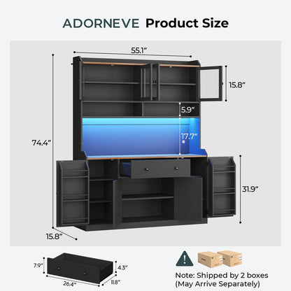 ADORNEVE 55" W Kitchen Pantry Storage Cabinet with LED Light and Power Outlet Coffee Bar Cabinet with Doors Drawer and Shelves