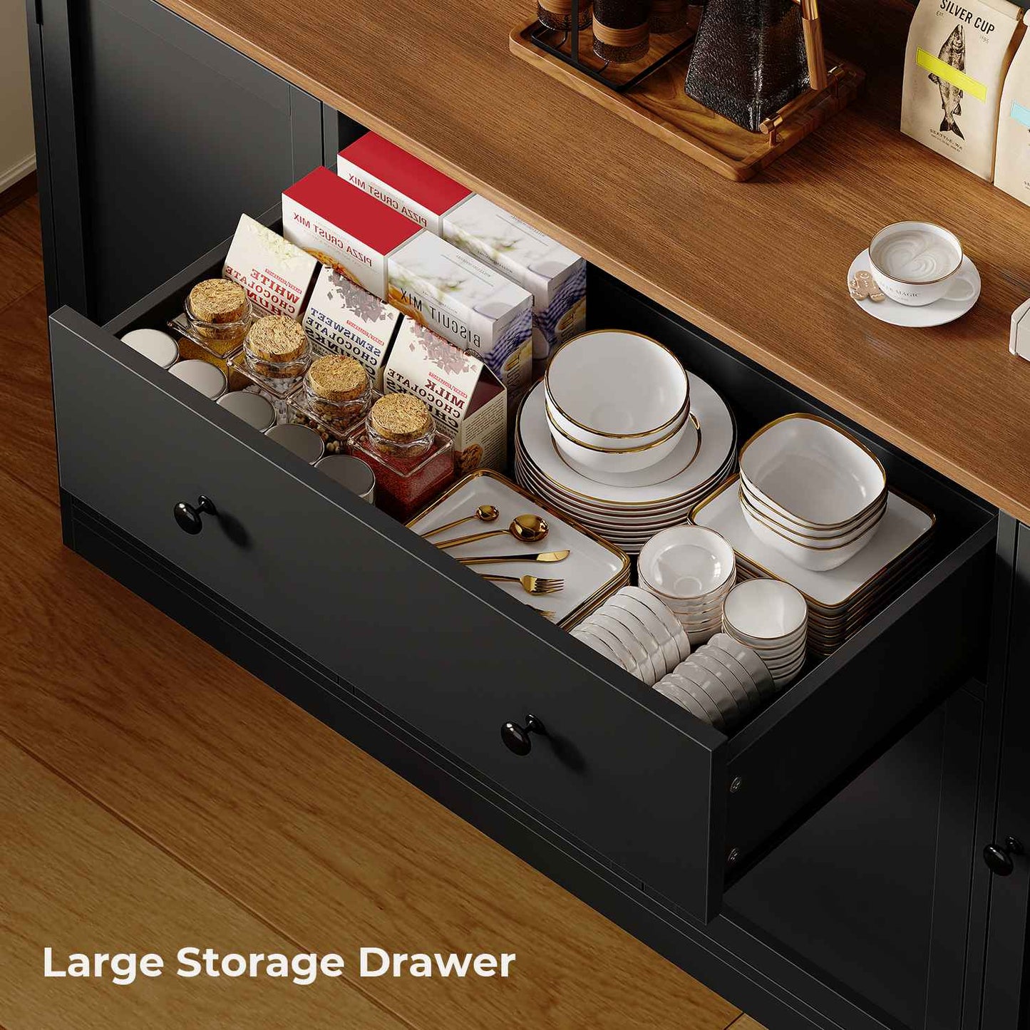 ADORNEVE 55" W Kitchen Pantry Storage Cabinet with LED Light and Power Outlet Coffee Bar Cabinet with Doors Drawer and Shelves