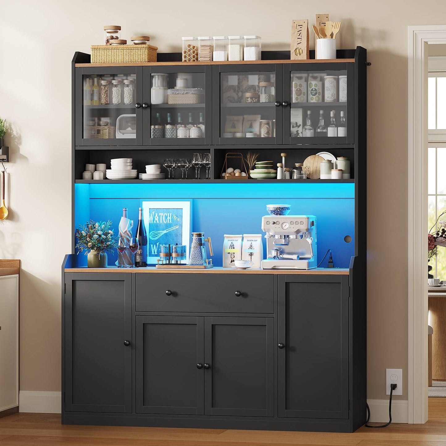 ADORNEVE 55" W Kitchen Pantry Storage Cabinet with LED Light and Power Outlet Coffee Bar Cabinet with Doors Drawer and Shelves