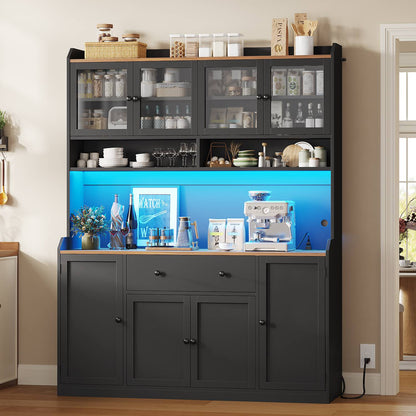 ADORNEVE 55" W Kitchen Pantry Storage Cabinet with LED Light and Power Outlet Coffee Bar Cabinet with Doors Drawer and Shelves