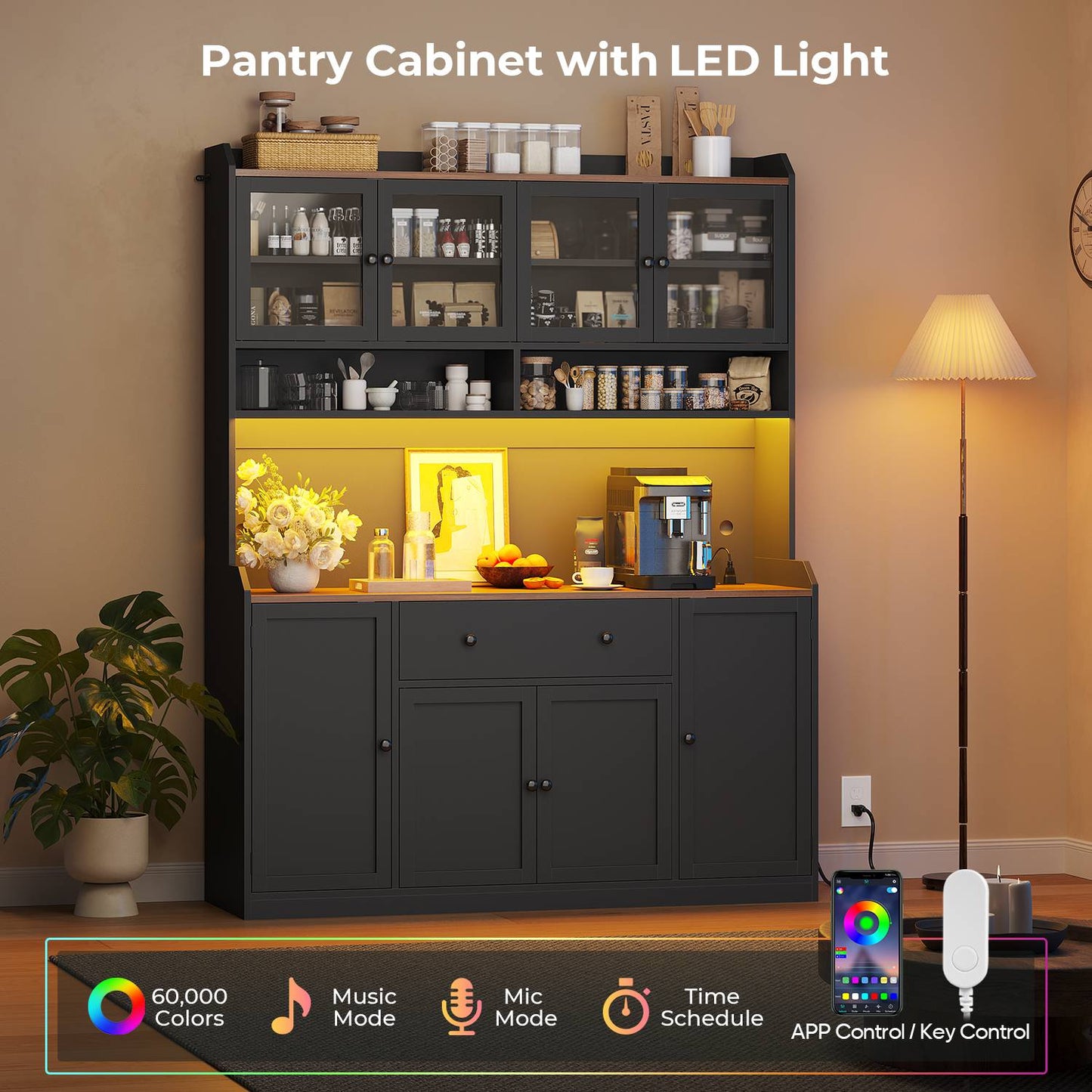 ADORNEVE 55" W Kitchen Pantry Storage Cabinet with LED Light and Power Outlet Coffee Bar Cabinet with Doors Drawer and Shelves