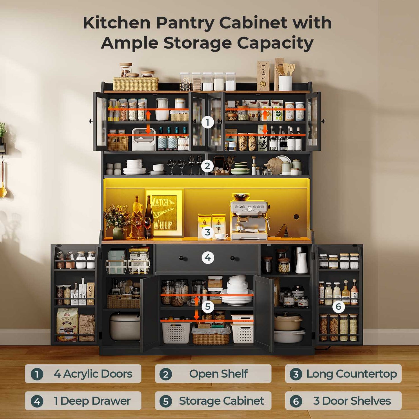ADORNEVE 55" W Kitchen Pantry Storage Cabinet with LED Light and Power Outlet Coffee Bar Cabinet with Doors Drawer and Shelves
