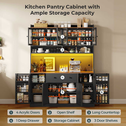 ADORNEVE 55" W Kitchen Pantry Storage Cabinet with LED Light and Power Outlet Coffee Bar Cabinet with Doors Drawer and Shelves