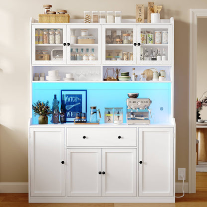 ADORNEVE 55" W Kitchen Pantry Storage Cabinet with LED Light and Power Outlet Coffee Bar Cabinet with Doors Drawer and Shelves