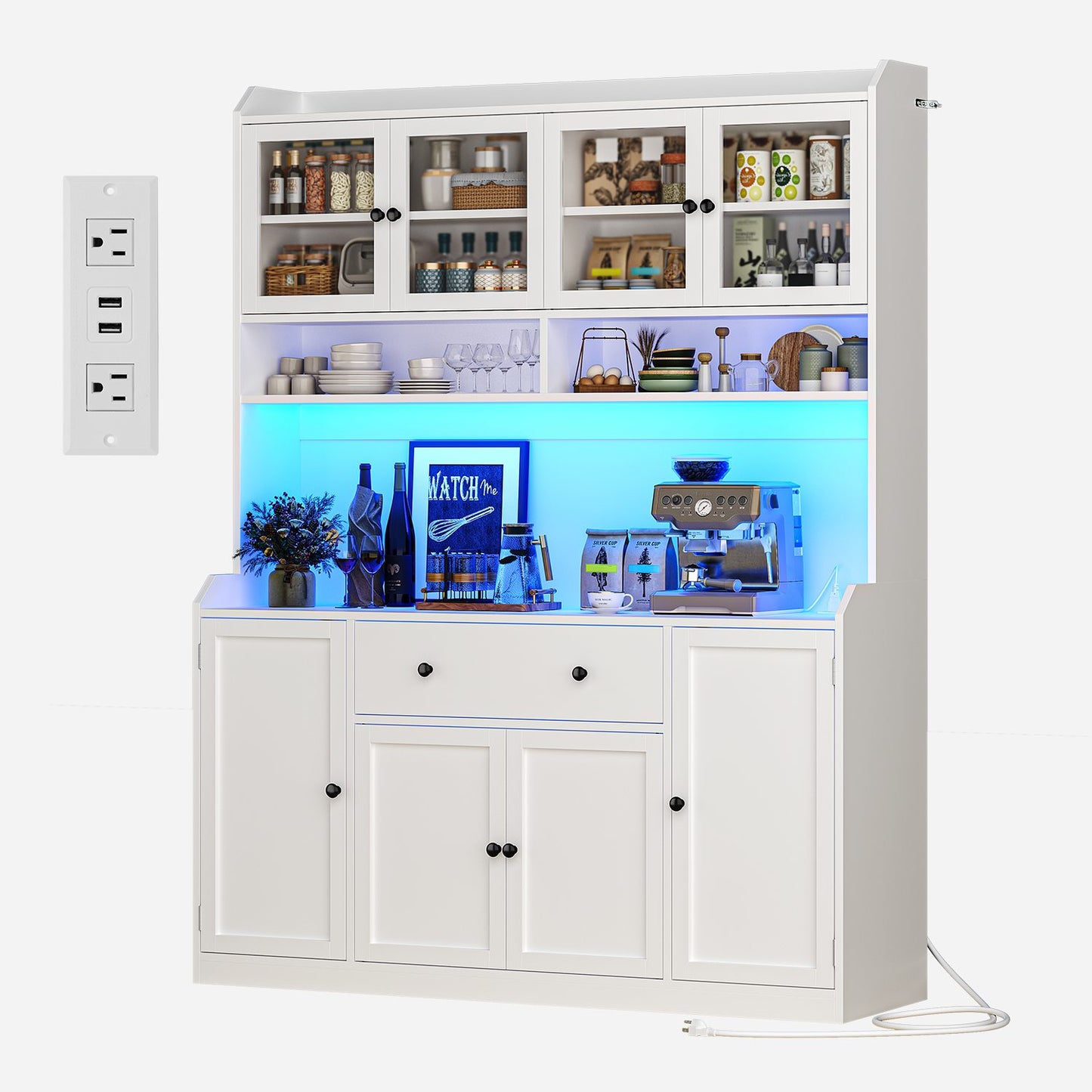 ADORNEVE 55" W Kitchen Pantry Storage Cabinet with LED Light and Power Outlet Coffee Bar Cabinet with Doors Drawer and Shelves