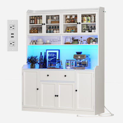 ADORNEVE 55" W Kitchen Pantry Storage Cabinet with LED Light and Power Outlet Coffee Bar Cabinet with Doors Drawer and Shelves