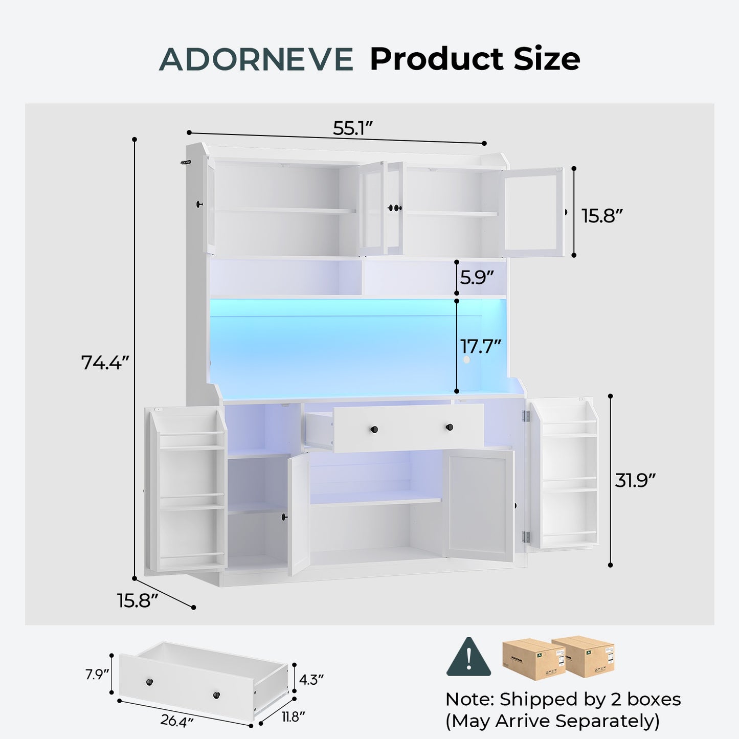 ADORNEVE 55" W Kitchen Pantry Storage Cabinet with LED Light and Power Outlet Coffee Bar Cabinet with Doors Drawer and Shelves