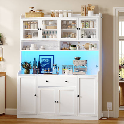ADORNEVE 55" W Kitchen Pantry Storage Cabinet with LED Light and Power Outlet Coffee Bar Cabinet with Doors Drawer and Shelves