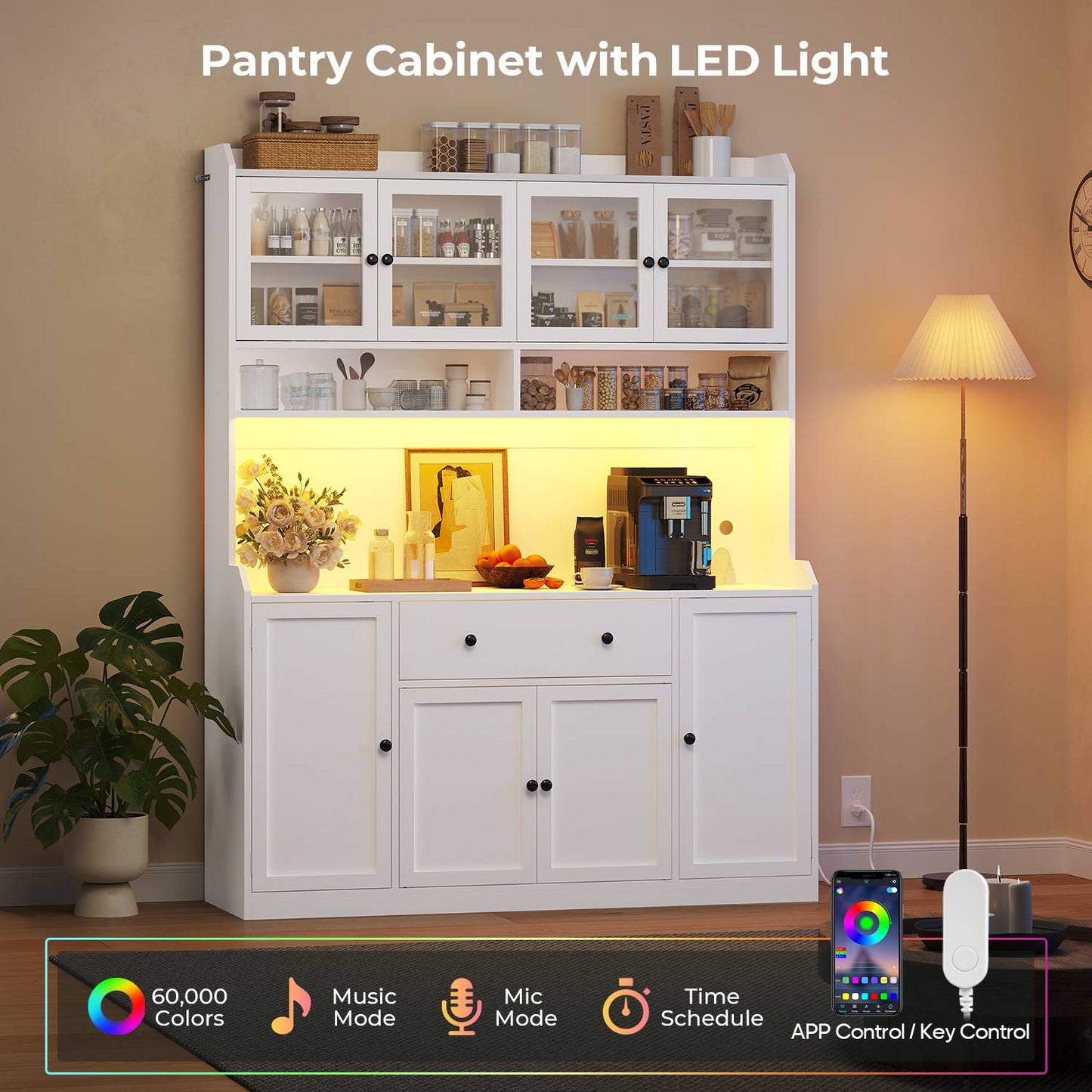 ADORNEVE 55" W Kitchen Pantry Storage Cabinet with LED Light and Power Outlet Coffee Bar Cabinet with Doors Drawer and Shelves