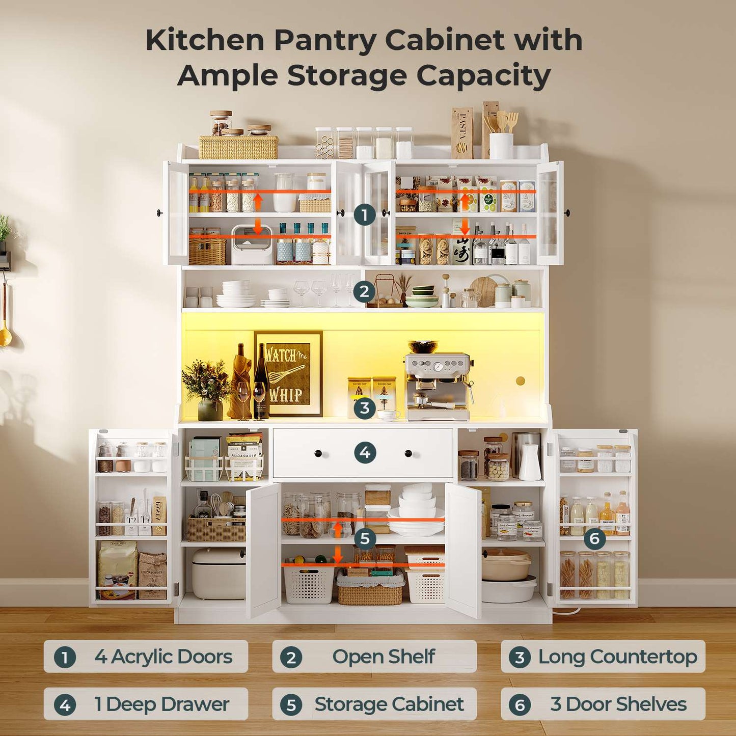 ADORNEVE 55" W Kitchen Pantry Storage Cabinet with LED Light and Power Outlet Coffee Bar Cabinet with Doors Drawer and Shelves