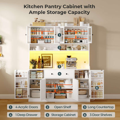 ADORNEVE 55" W Kitchen Pantry Storage Cabinet with LED Light and Power Outlet Coffee Bar Cabinet with Doors Drawer and Shelves