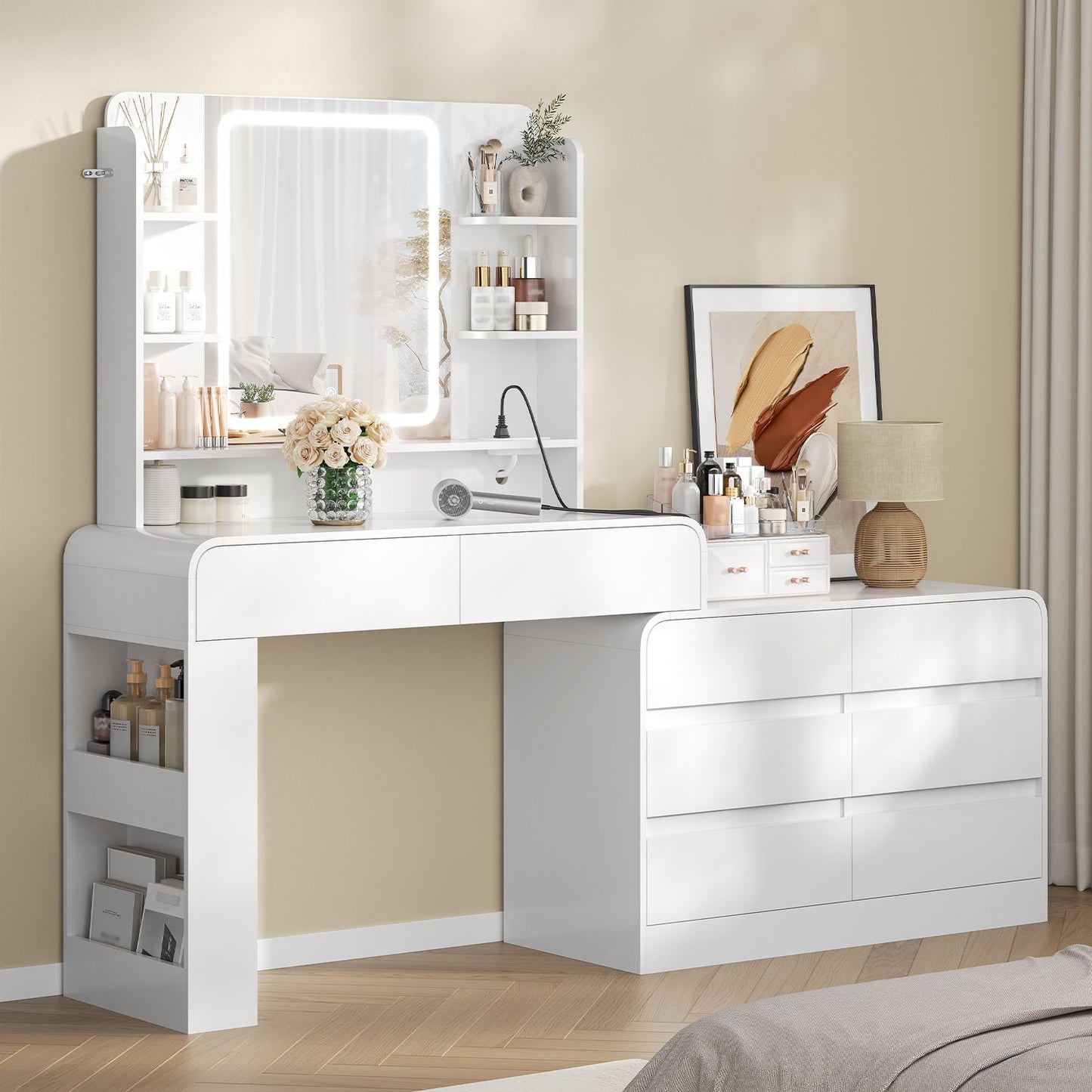 ADORNEVE Makeup Desk with 3-Color Dimmable LED Mirror Vanity Desk with 8 Drawers and Charging Station