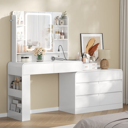 ADORNEVE Makeup Desk with 3-Color Dimmable LED Mirror Vanity Desk with 8 Drawers and Charging Station