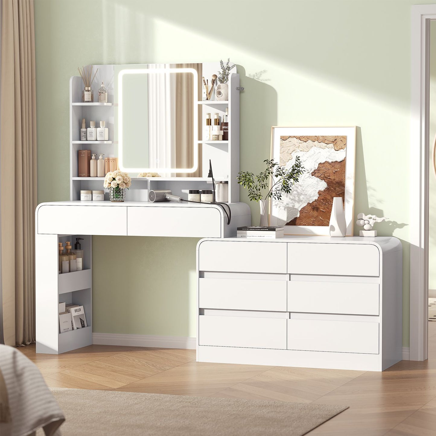 ADORNEVE Makeup Desk with 3-Color Dimmable LED Mirror Vanity Desk with 8 Drawers and Charging Station