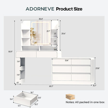 ADORNEVE Makeup Desk with 3-Color Dimmable LED Mirror Vanity Desk with 8 Drawers and Charging Station