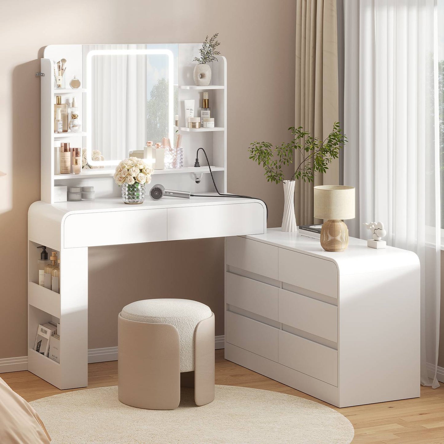 ADORNEVE Makeup Desk with 3-Color Dimmable LED Mirror Vanity Desk with 8 Drawers and Charging Station