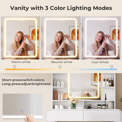 ADORNEVE Makeup Desk with 3-Color Dimmable LED Mirror Vanity Desk with 8 Drawers and Charging Station