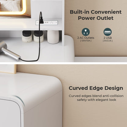 ADORNEVE Makeup Desk with 3-Color Dimmable LED Mirror Vanity Desk with 8 Drawers and Charging Station