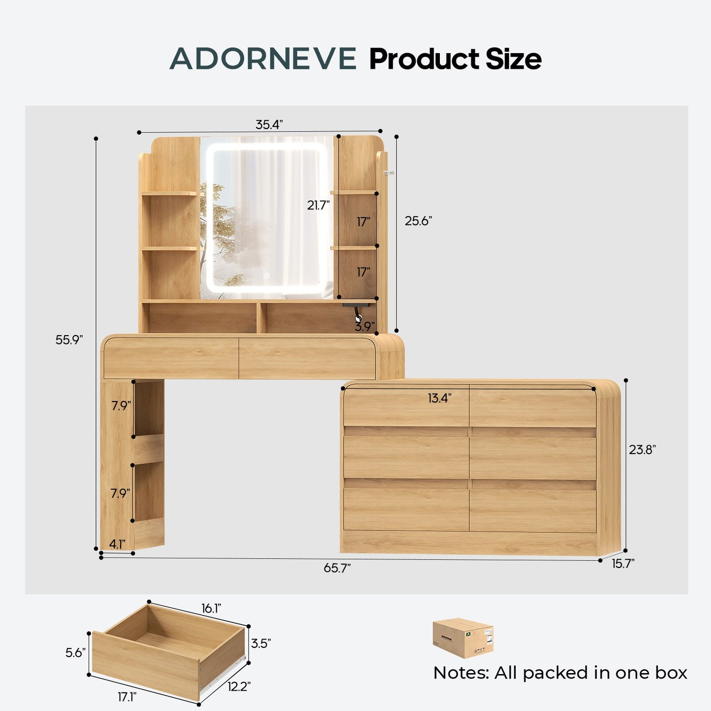 ADORNEVE Makeup Desk with 3-Color Dimmable LED Mirror Vanity Desk with 8 Drawers and Charging Station