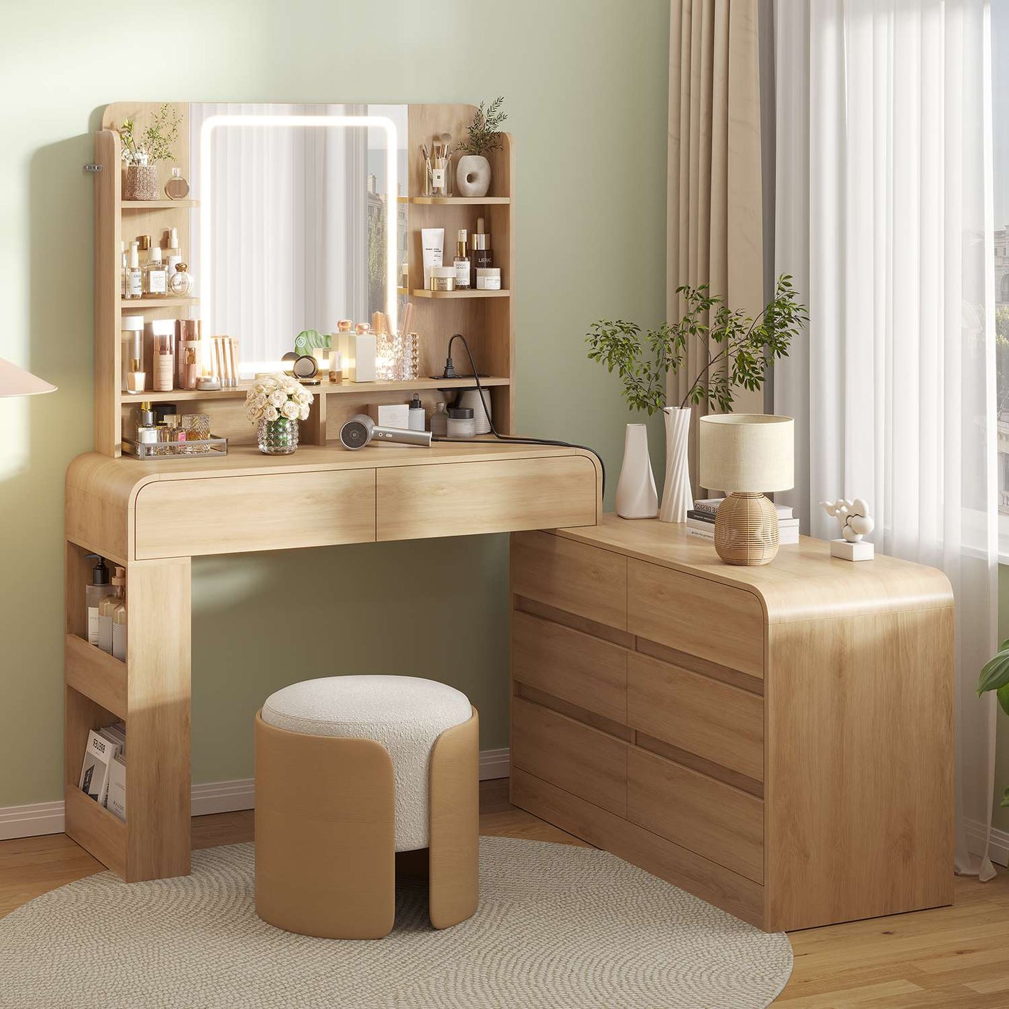 ADORNEVE Makeup Desk with 3-Color Dimmable LED Mirror Vanity Desk with 8 Drawers and Charging Station
