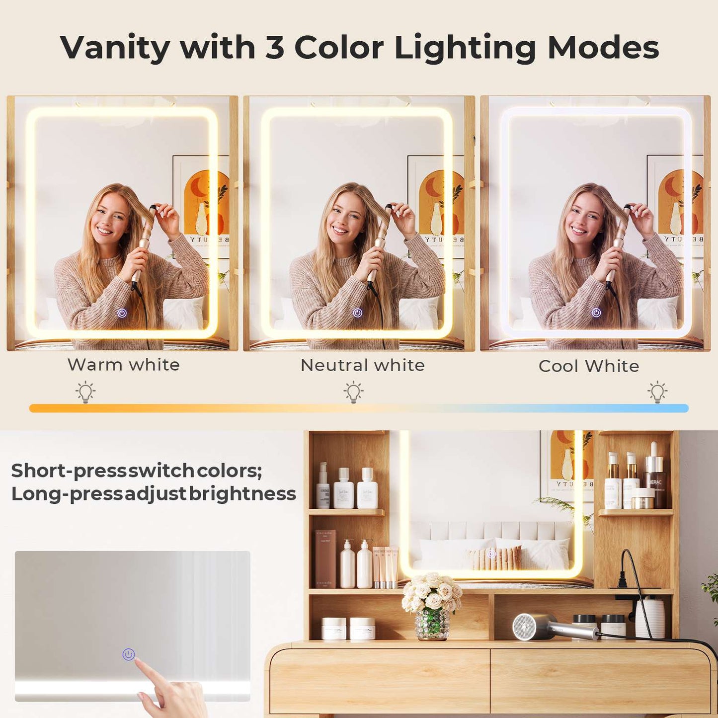 ADORNEVE Makeup Desk with 3-Color Dimmable LED Mirror Vanity Desk with 8 Drawers and Charging Station