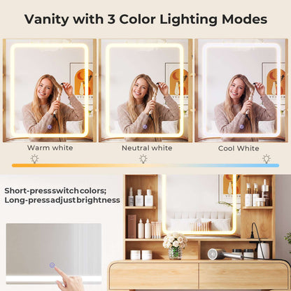 ADORNEVE Makeup Desk with 3-Color Dimmable LED Mirror Vanity Desk with 8 Drawers and Charging Station