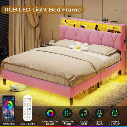 ADORNEVE Bed Frame Queen Size with Storage Headboard and Charging Station Led Bed Frame with Velvet Upholstered Bed Platform with Solid Wood Slats