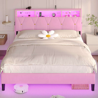 ADORNEVE Bed Frame Queen Size with Storage Headboard and Charging Station Led Bed Frame with Velvet Upholstered Bed Platform with Solid Wood Slats