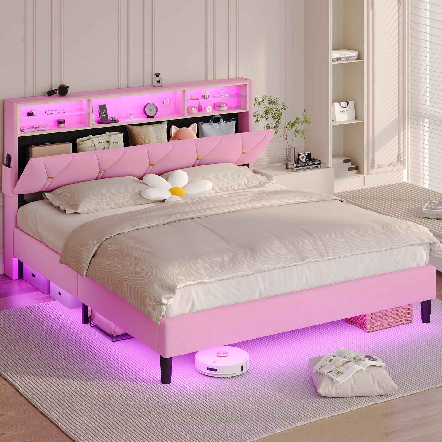 ADORNEVE Bed Frame Queen Size with Storage Headboard and Charging Station Led Bed Frame with Velvet Upholstered Bed Platform with Solid Wood Slats