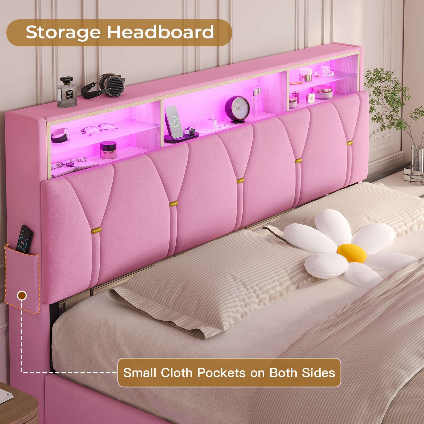 ADORNEVE Bed Frame Queen Size with Storage Headboard and Charging Station Led Bed Frame with Velvet Upholstered Bed Platform with Solid Wood Slats