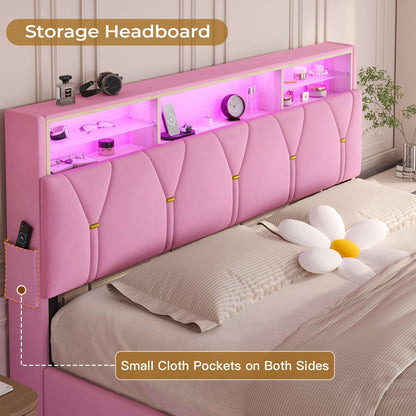 ADORNEVE Bed Frame Queen Size with Storage Headboard and Charging Station Led Bed Frame with Velvet Upholstered Bed Platform with Solid Wood Slats
