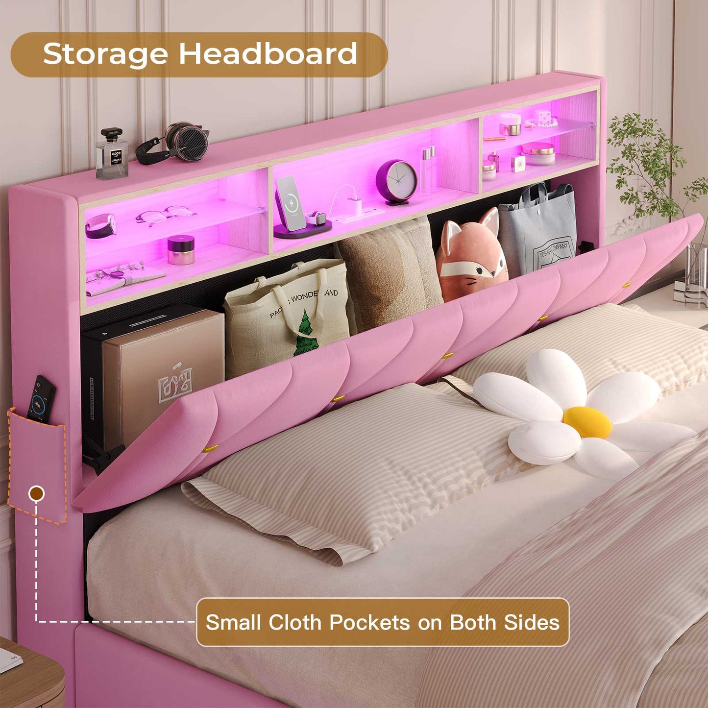 ADORNEVE Bed Frame Queen Size with Storage Headboard and Charging Station Led Bed Frame with Velvet Upholstered Bed Platform with Solid Wood Slats
