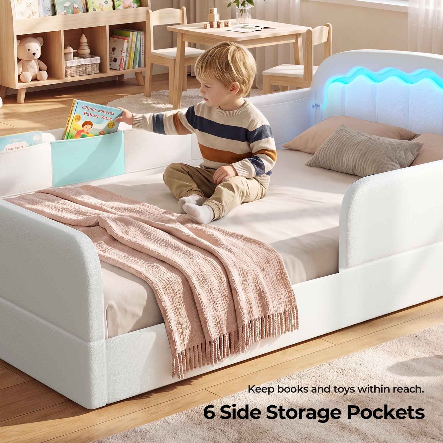 ADORNEVE Montessori Twin Floor Bed with Removable Guardrails Kids Low Upholstered Bed with Safety Rails and 6 Storage Pockets