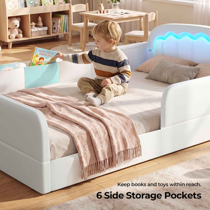 ADORNEVE Montessori Twin Floor Bed with Removable Guardrails Kids Low Upholstered Bed with Safety Rails and 6 Storage Pockets
