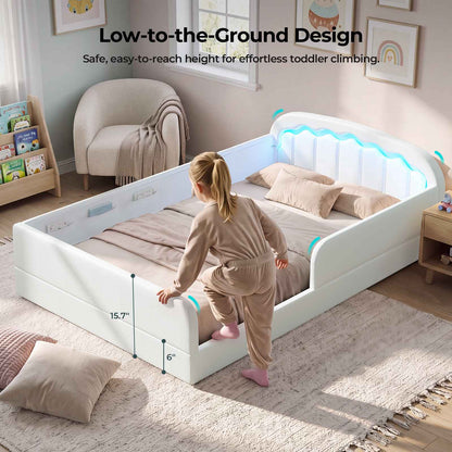 ADORNEVE Montessori Twin Floor Bed with Removable Guardrails Kids Low Upholstered Bed with Safety Rails and 6 Storage Pockets