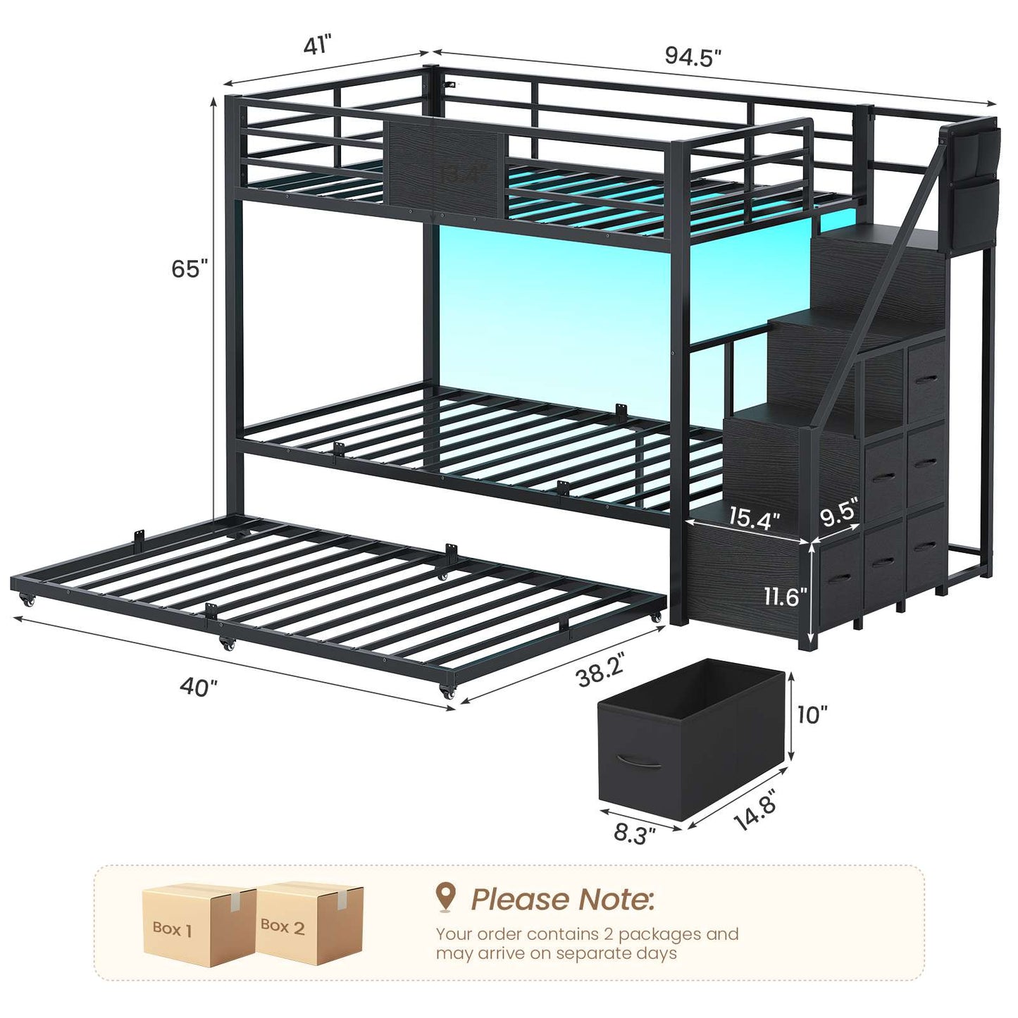ADORNEVE Twin Over Twin Bunk Bed with Trundle and Storage Stairs LED Bunk Beds with 6 Drawers