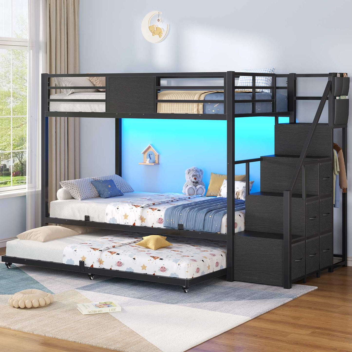 ADORNEVE Twin Over Twin Bunk Bed with Trundle and Storage Stairs LED Bunk Beds with 6 Drawers