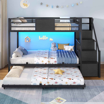 ADORNEVE Twin Over Twin Bunk Bed with Trundle and Storage Stairs LED Bunk Beds with 6 Drawers