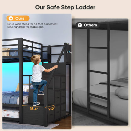 ADORNEVE Twin Over Twin Bunk Bed with Trundle and Storage Stairs LED Bunk Beds with 6 Drawers