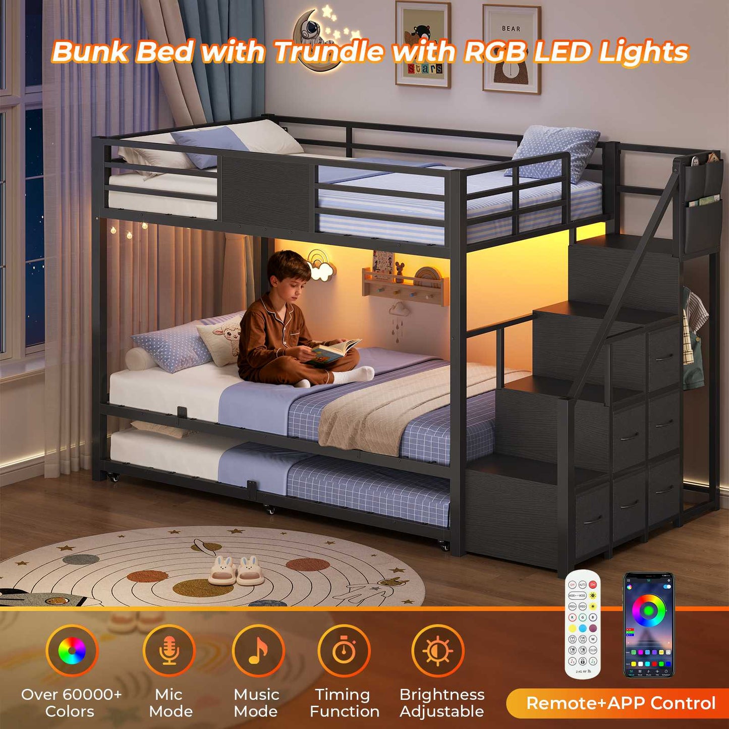 ADORNEVE Twin Over Twin Bunk Bed with Trundle and Storage Stairs LED Bunk Beds with 6 Drawers