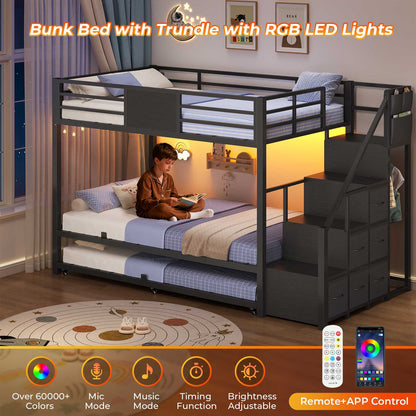 ADORNEVE Twin Over Twin Bunk Bed with Trundle and Storage Stairs LED Bunk Beds with 6 Drawers