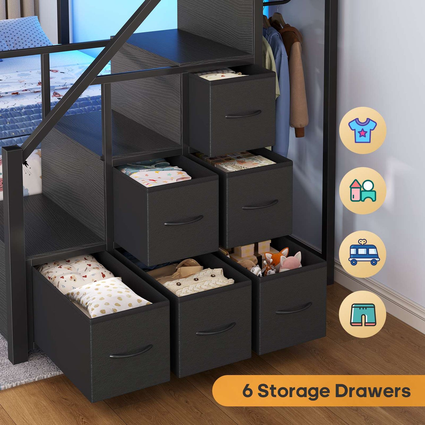ADORNEVE Twin Over Twin Bunk Bed with Trundle and Storage Stairs LED Bunk Beds with 6 Drawers